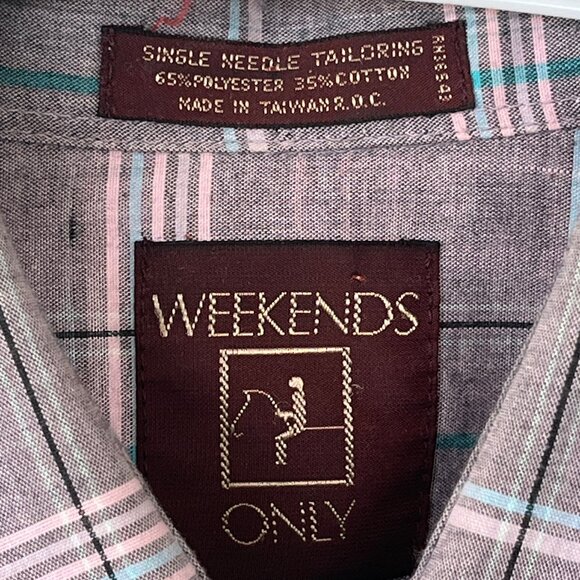 Weekends Only Plaid Pink Grey Long Sleeve Button Up Flat Hem Shirt Medium - Picture 5 of 10